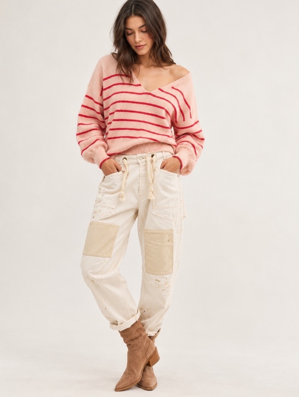 NWT MADEWELL Cozy Slouchy Striped V-Neck Sweater Pink Red Relaxed Knit Top SZ S